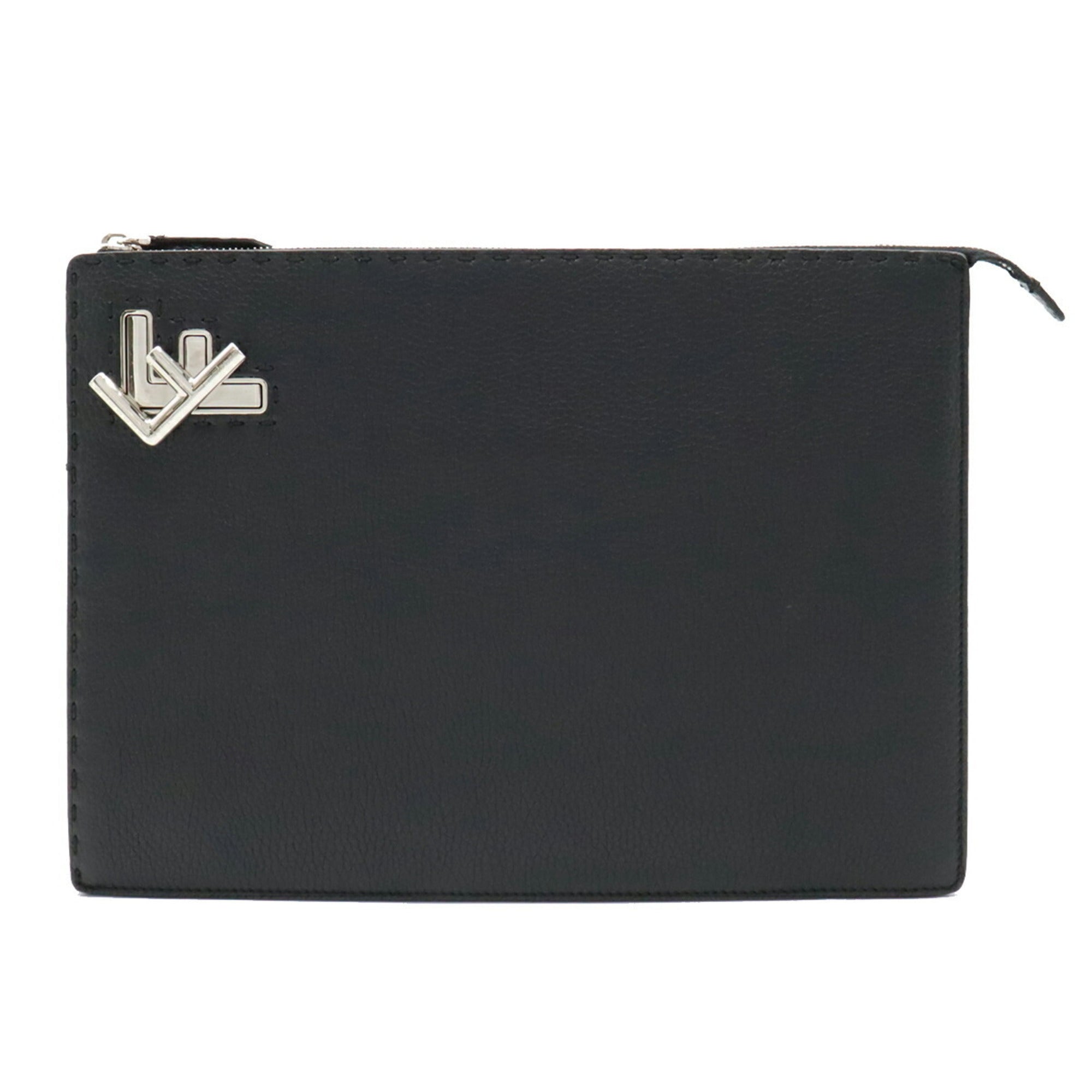 FENDI Selleria Stitch FF Clutch Bag bag Leather Black 7V99