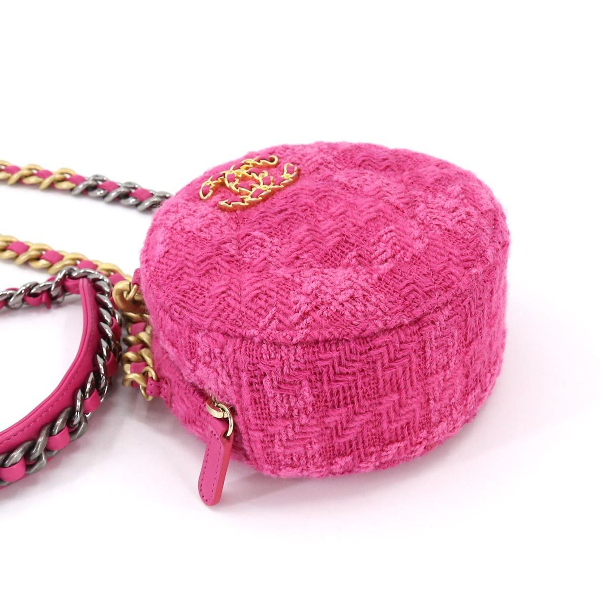 CHANEL 19 Bag with  round chain shoulder bag tweed leather pink pouch