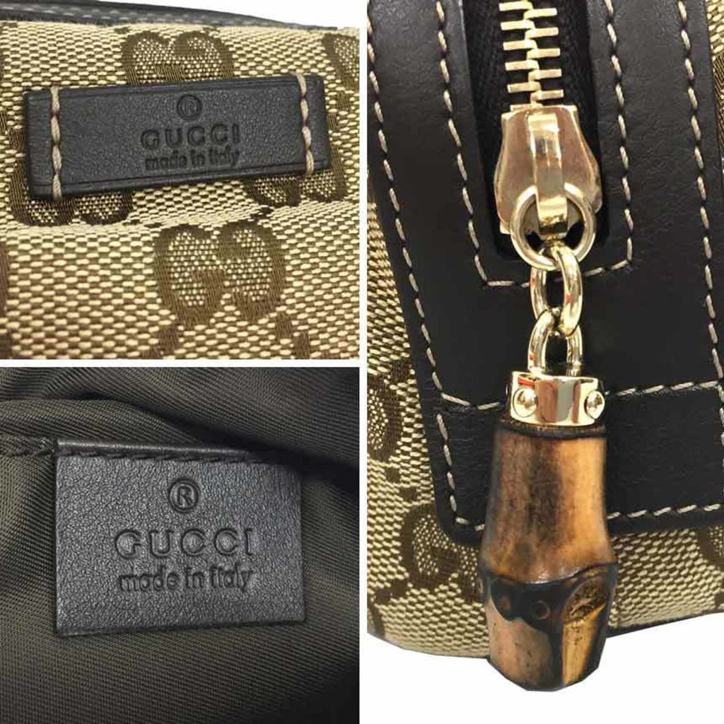 Gucci GG Canvas Bamboo Pouch WG Beige x Brown Leather Women's Unisex Bag