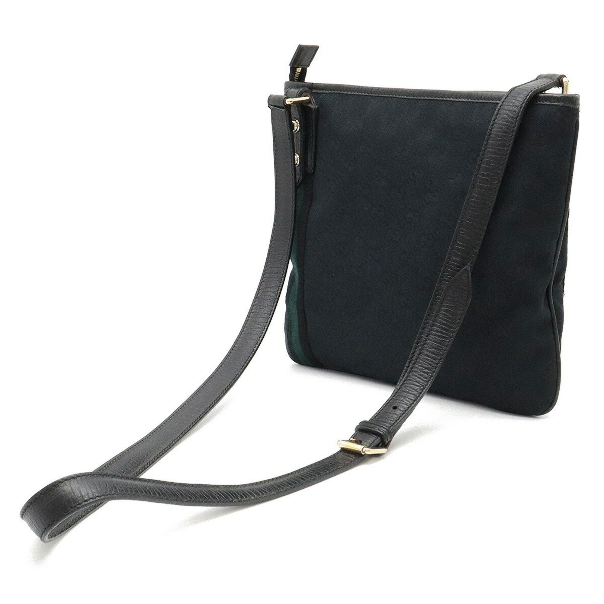 GUCCI GG Canvas Sherry Line Shoulder Bag Leather Black Green