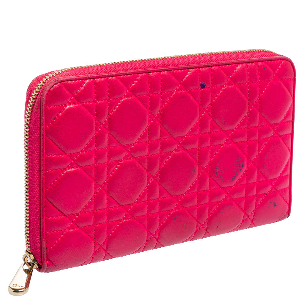 Dior Pink Cannage Leather Zip Around Organizer Wallet..