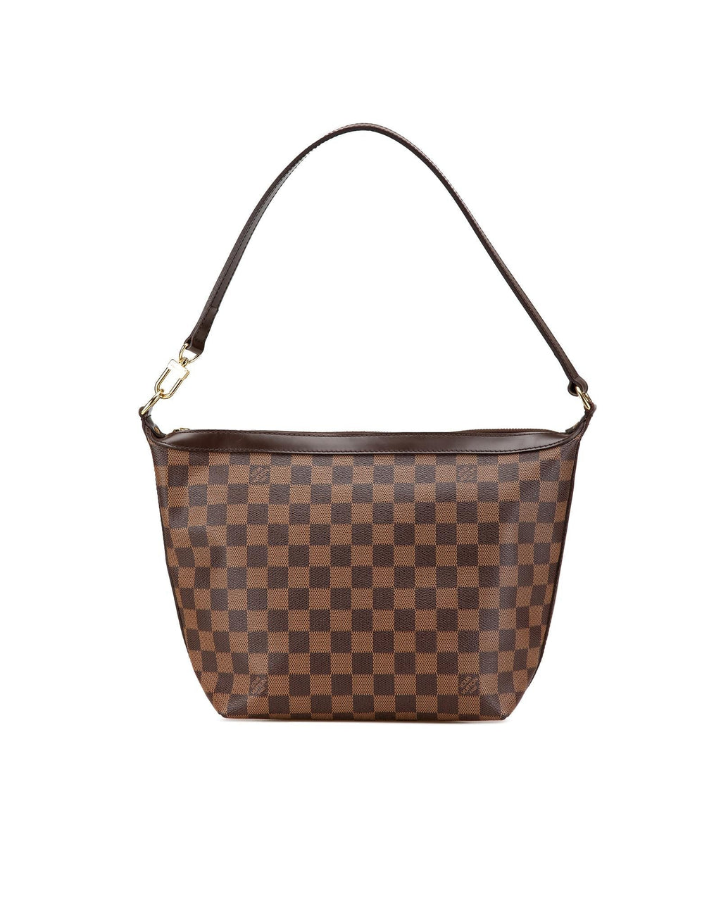 Damier Ebene Canvas Shoulder Bag with Leather Trim and Top Zip Closure