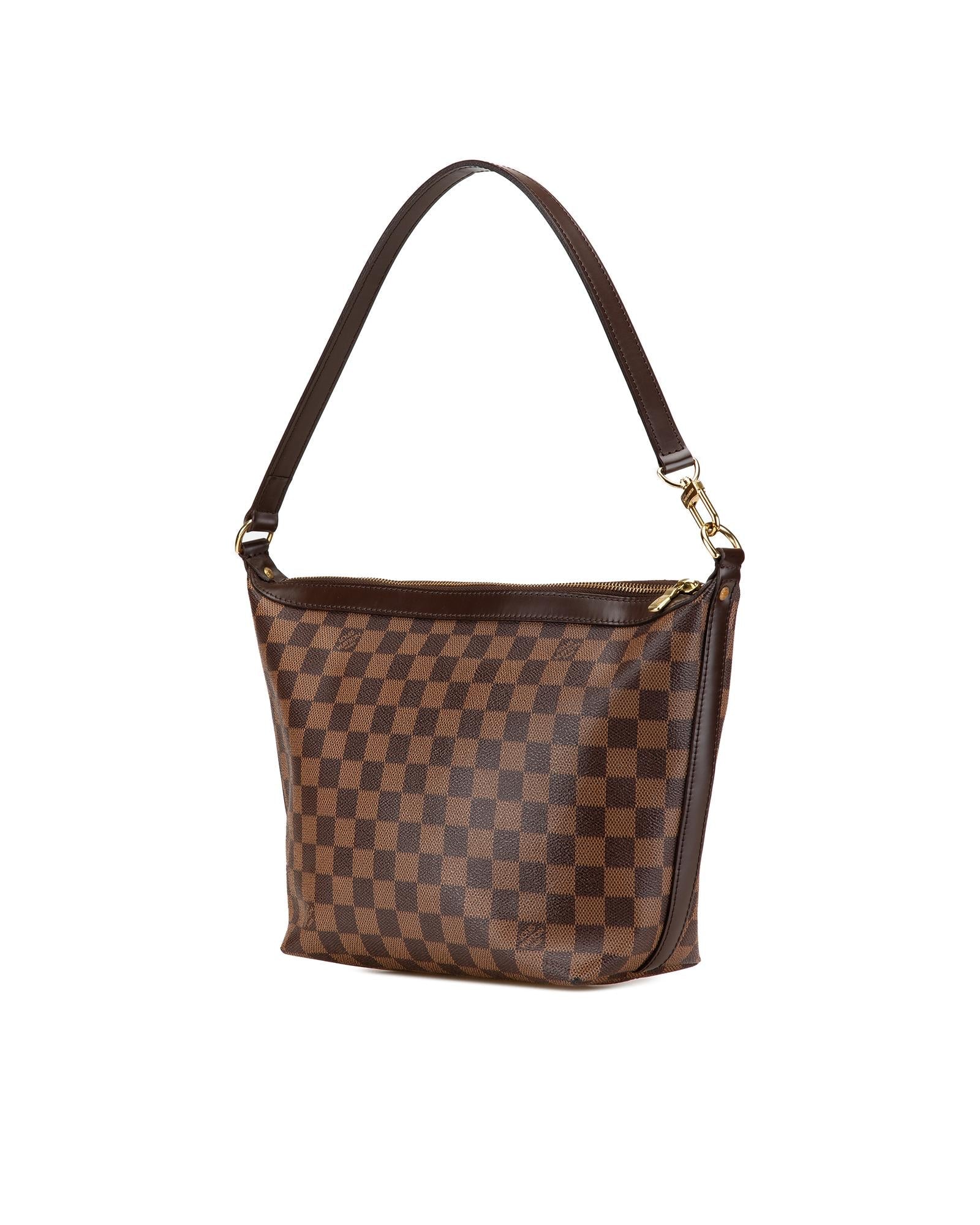 Damier Ebene Canvas Shoulder Bag with Leather Trim and Top Zip Closure