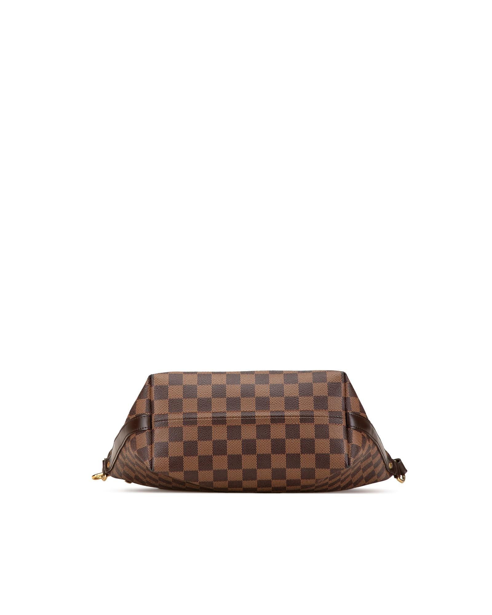 Damier Ebene Canvas Shoulder Bag with Leather Trim and Top Zip Closure