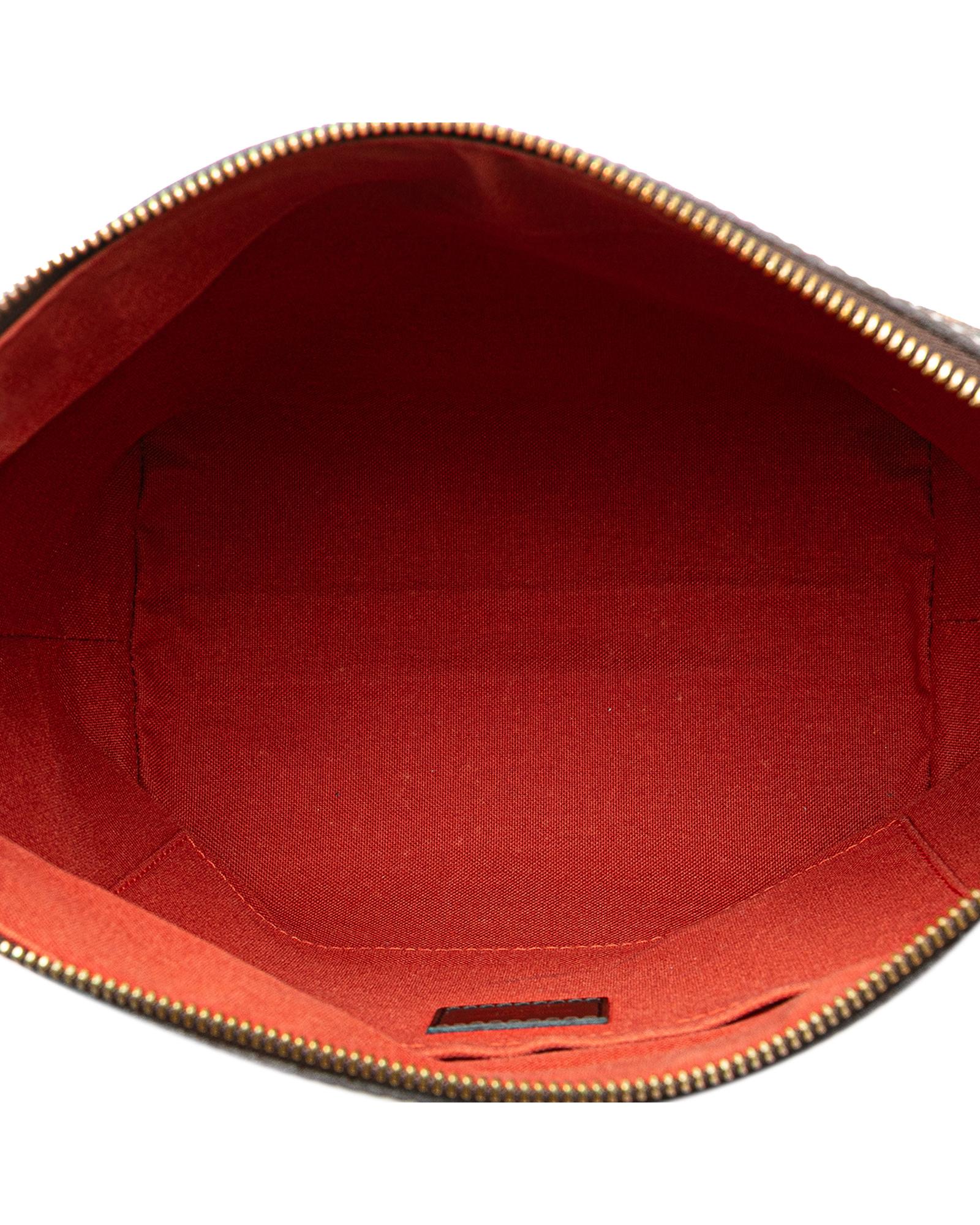 Damier Ebene Canvas Shoulder Bag with Leather Trim and Top Zip Closure