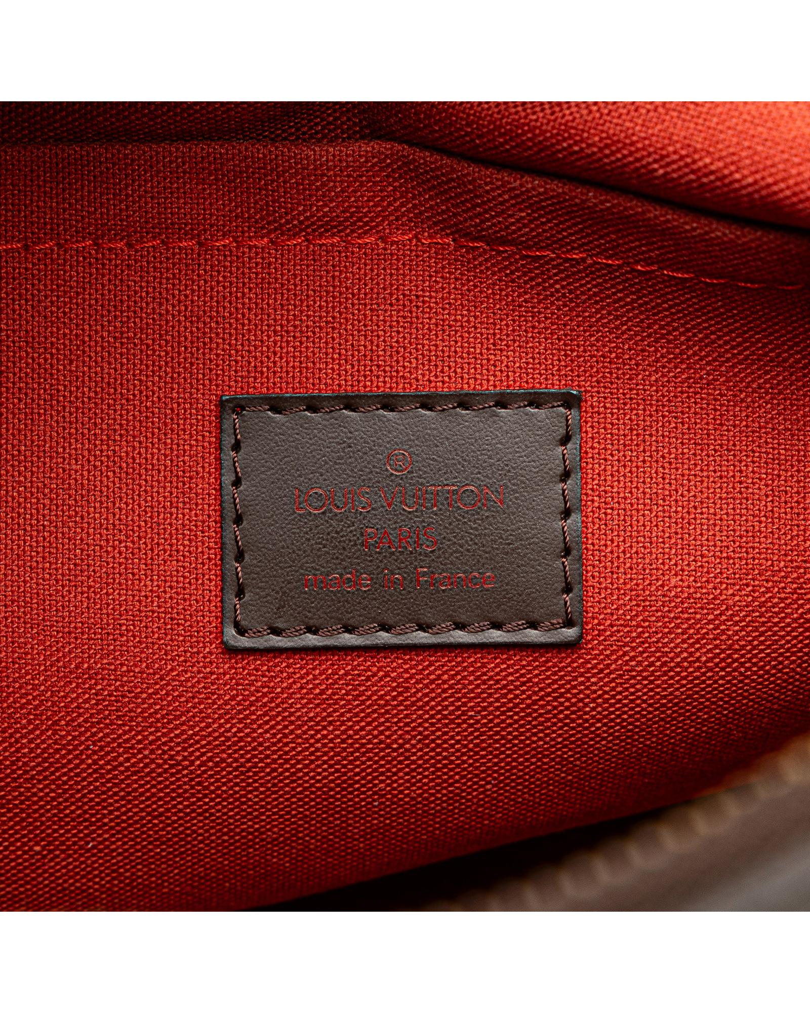 Damier Ebene Canvas Shoulder Bag with Leather Trim and Top Zip Closure