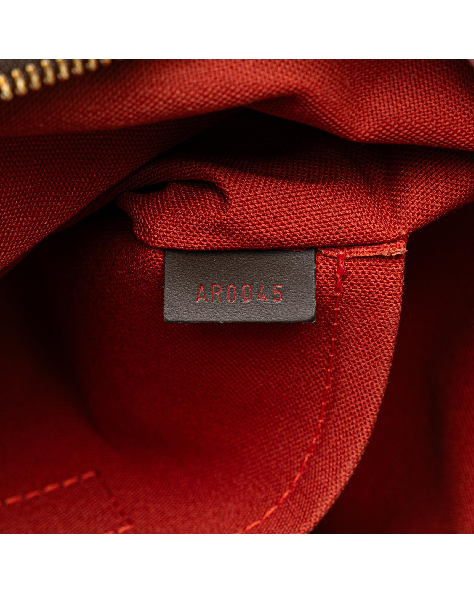 Damier Ebene Canvas Shoulder Bag with Leather Trim and Top Zip Closure