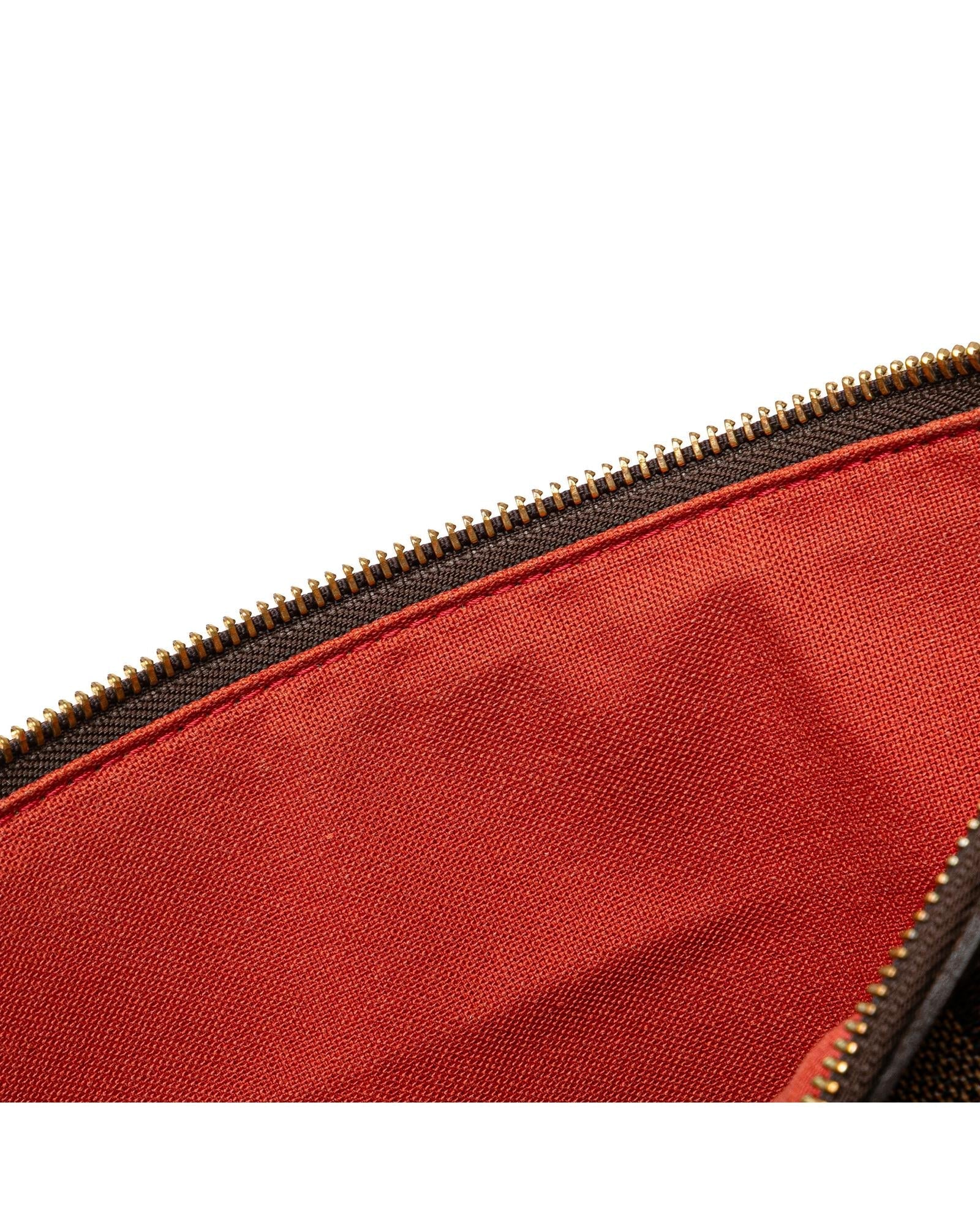 Damier Ebene Canvas Shoulder Bag with Leather Trim and Top Zip Closure