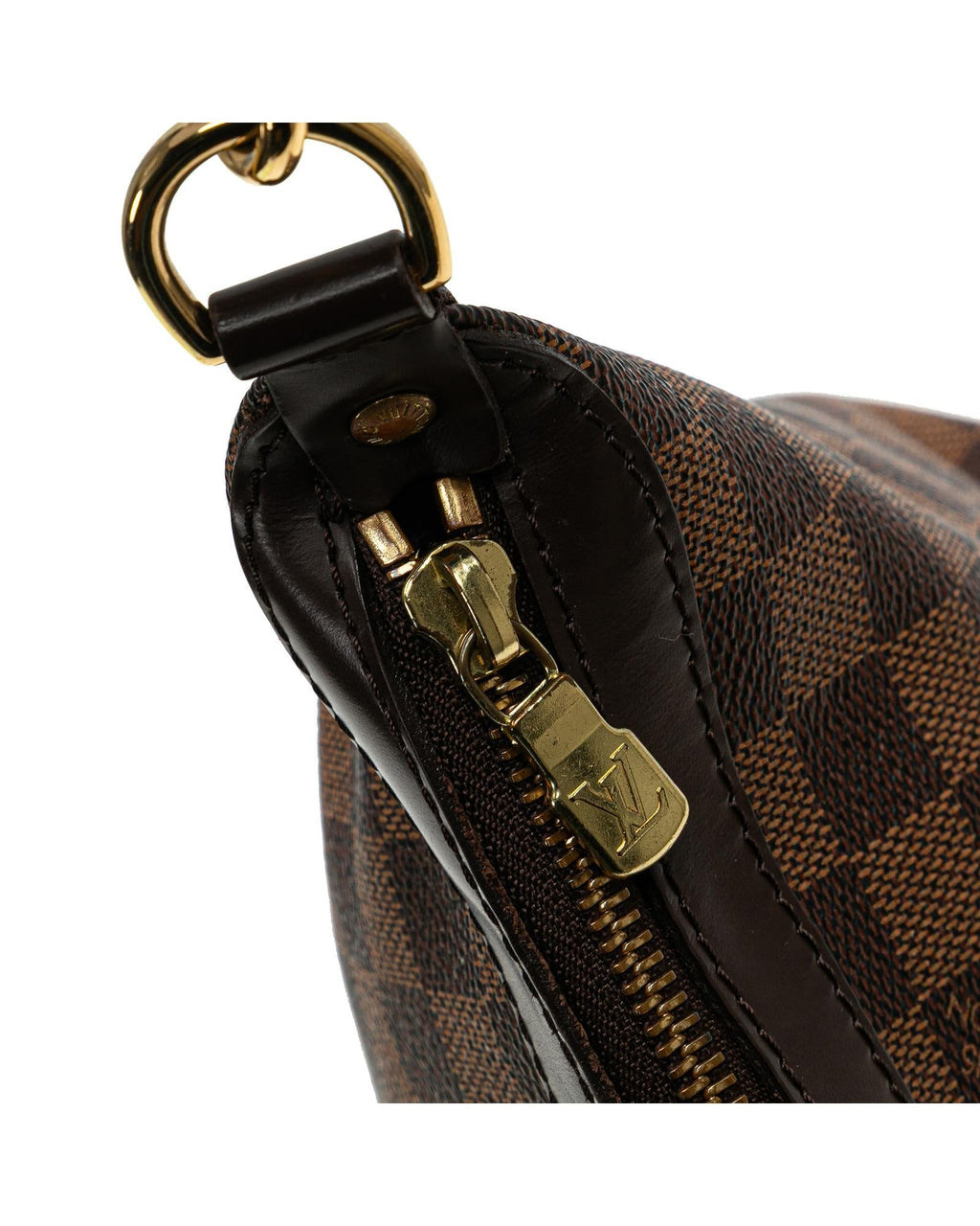Damier Ebene Canvas Shoulder Bag with Leather Trim and Top Zip Closure