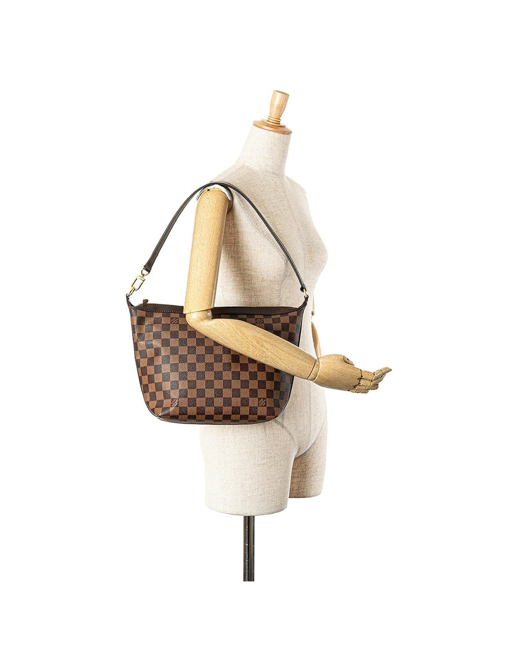 Damier Ebene Canvas Shoulder Bag with Leather Trim and Top Zip Closure