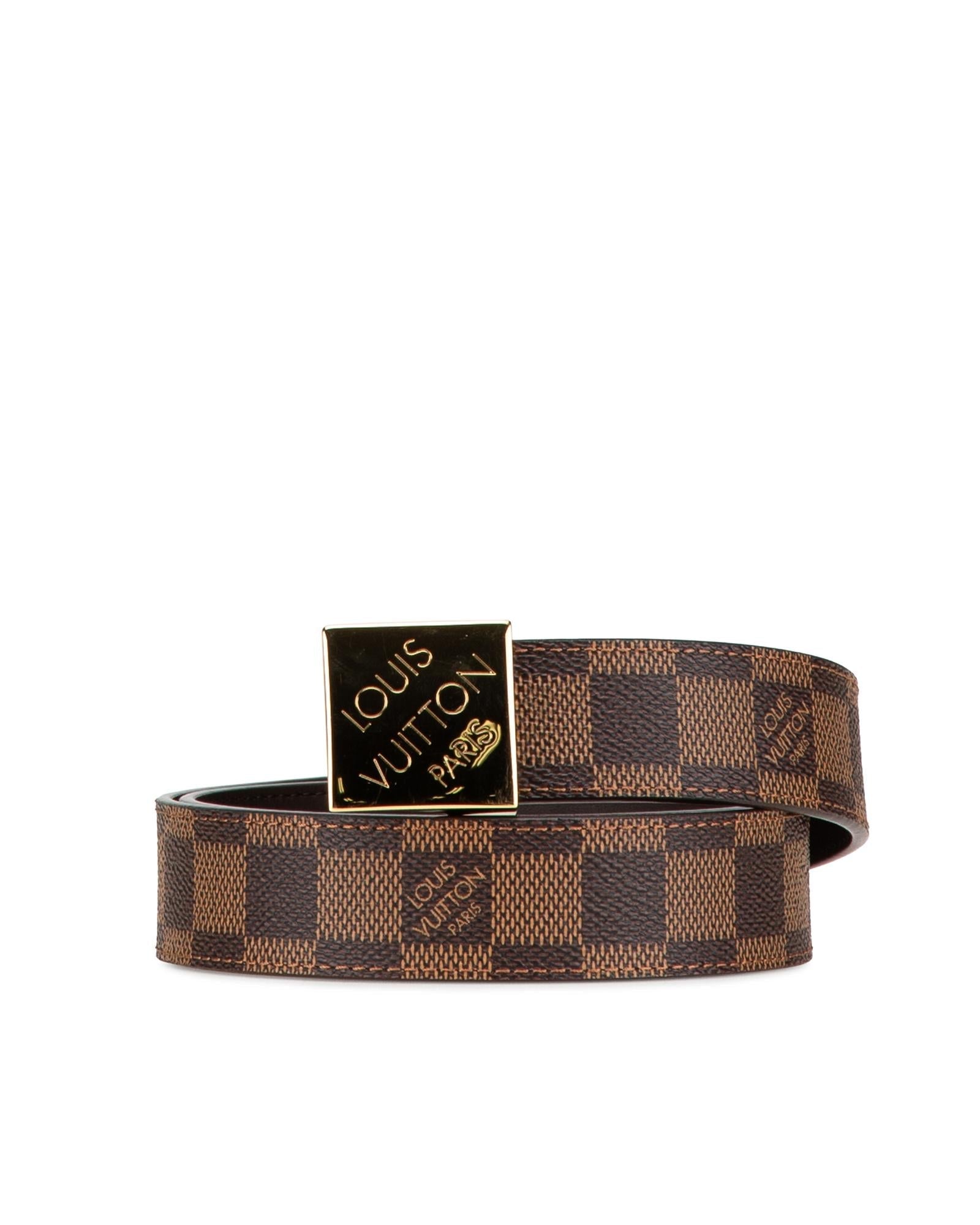 Leather Belt with Damier Canvas and Brass Buckle