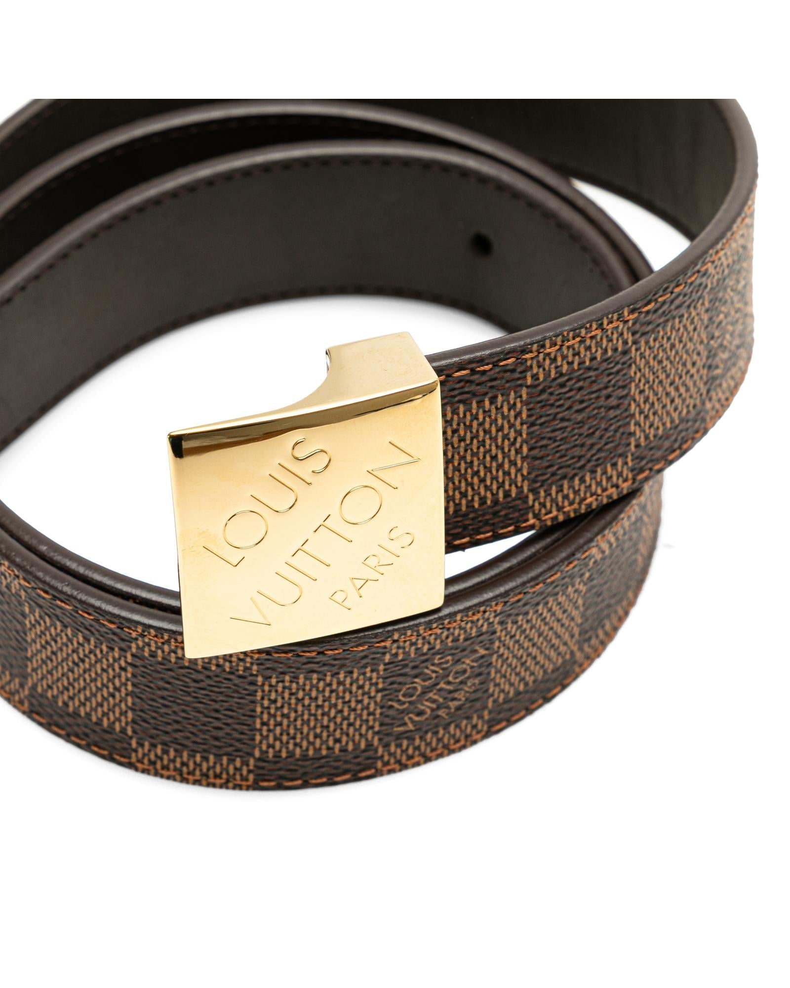 Leather Belt with Damier Canvas and Brass Buckle