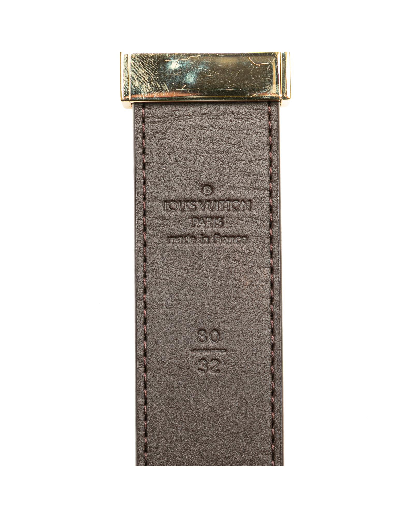 Leather Belt with Damier Canvas and Brass Buckle