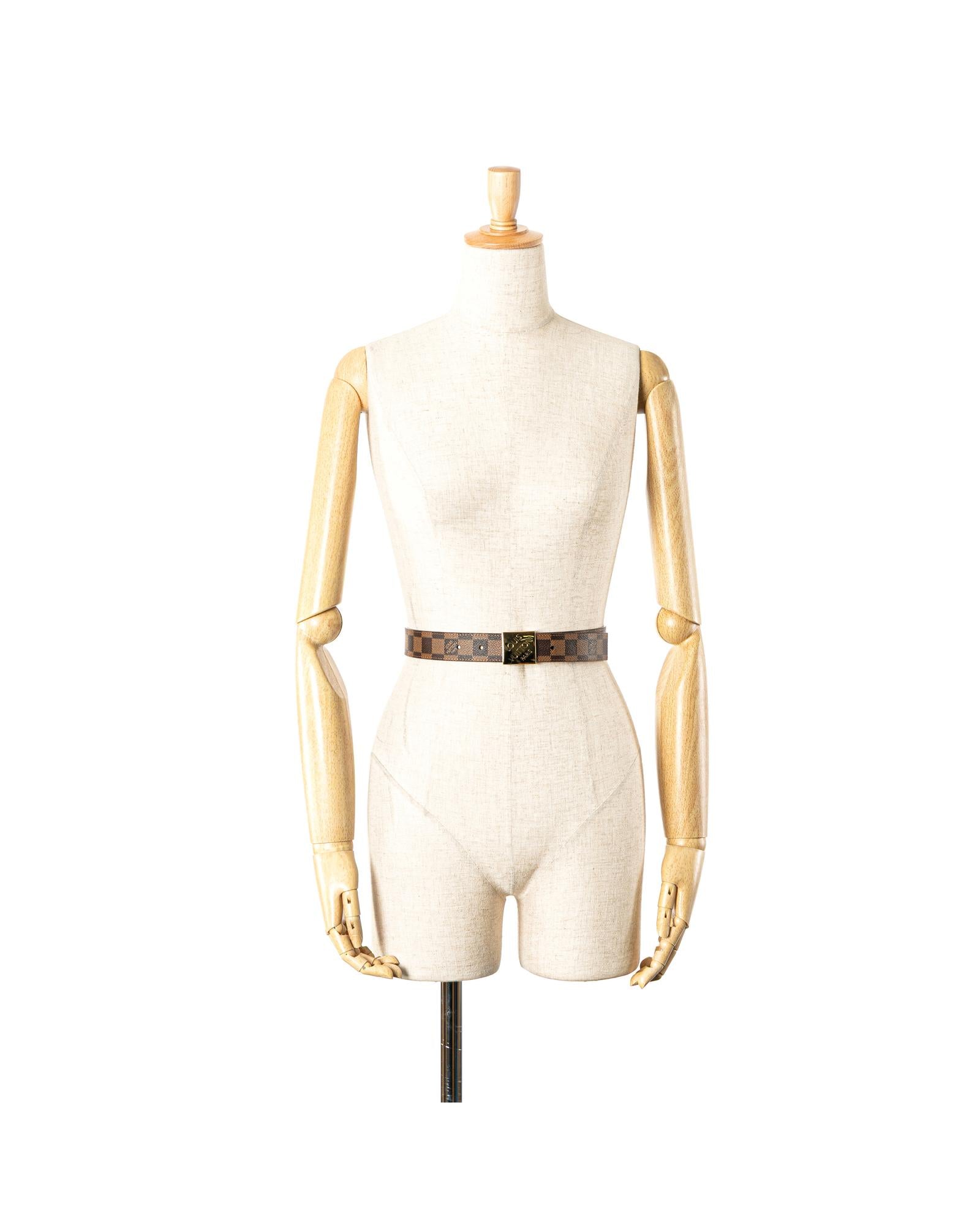 Leather Belt with Damier Canvas and Brass Buckle