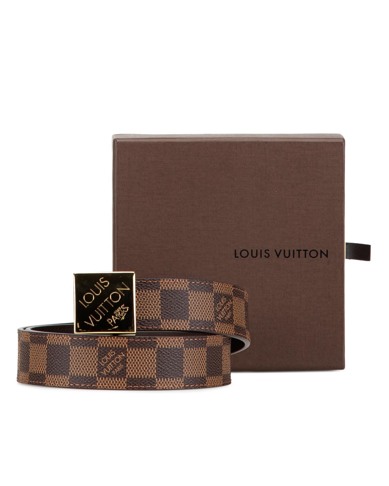Leather Belt with Damier Canvas and Brass Buckle