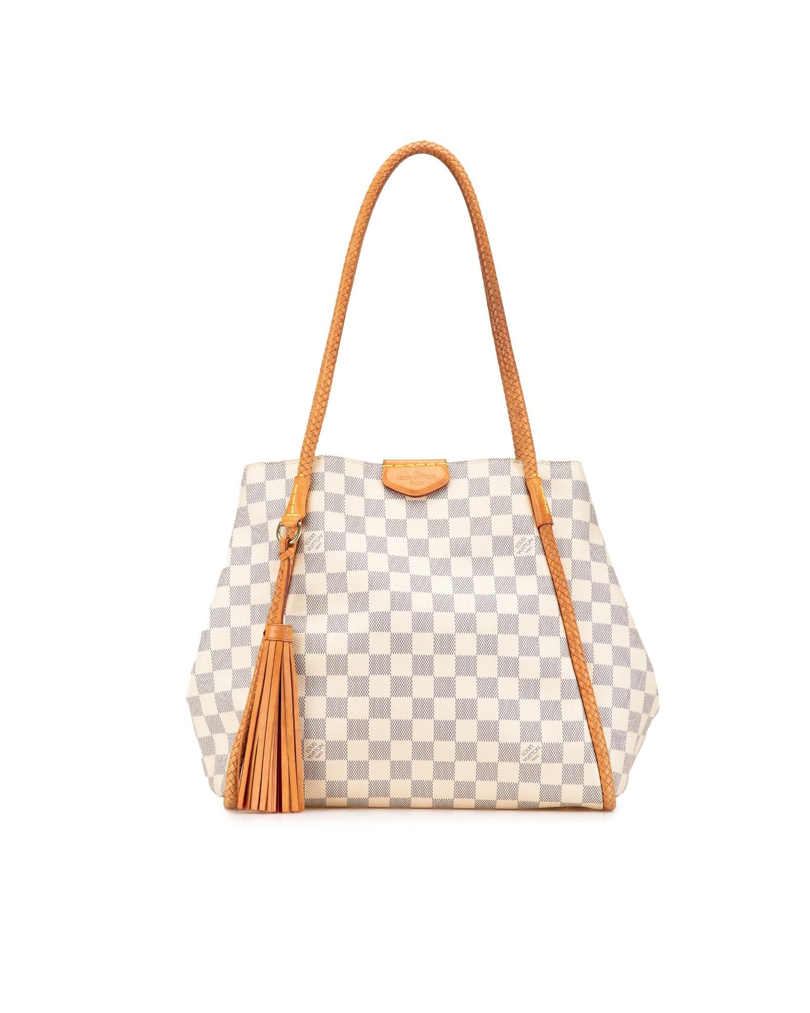 Damier Azur Canvas Tote with Leather Trim and Tassel Detail