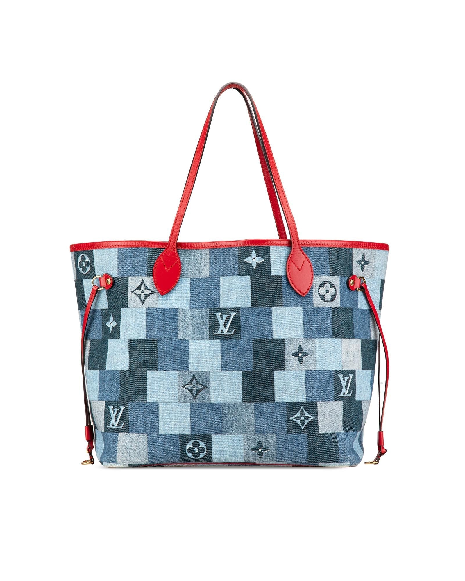 Monogram Denim Patchwork Neverfull Tote with Removable Pouch