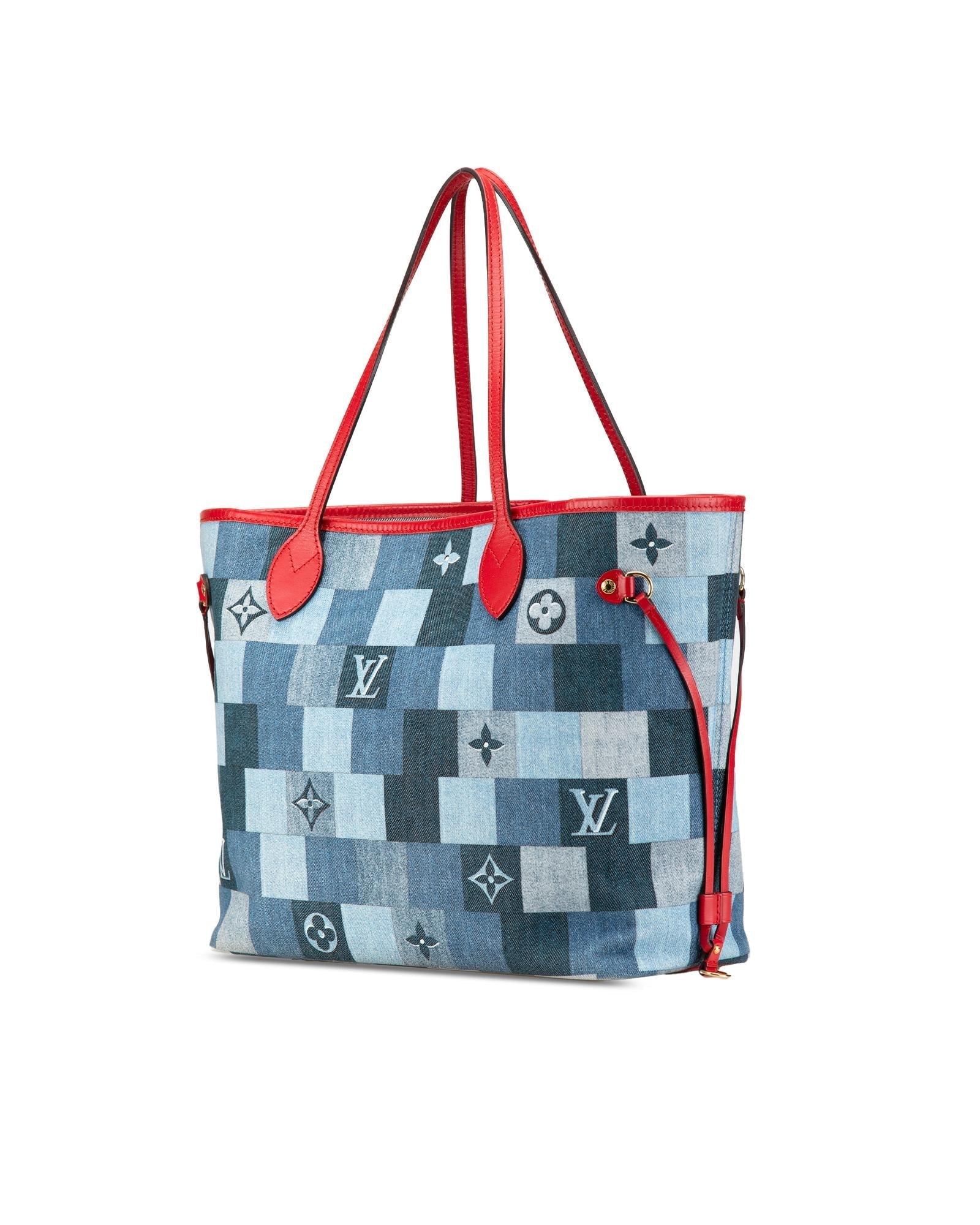 Monogram Denim Patchwork Neverfull Tote with Removable Pouch
