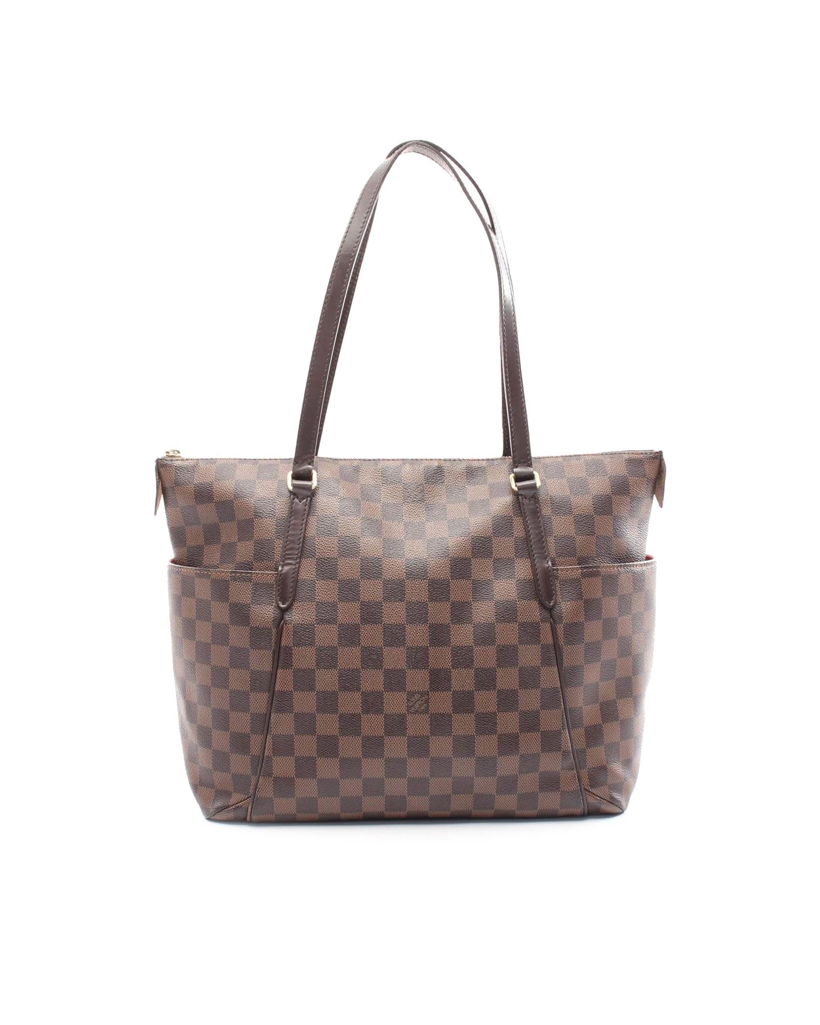 Damier Ebene Canvas Tote with Leather Trim and Multiple Pockets