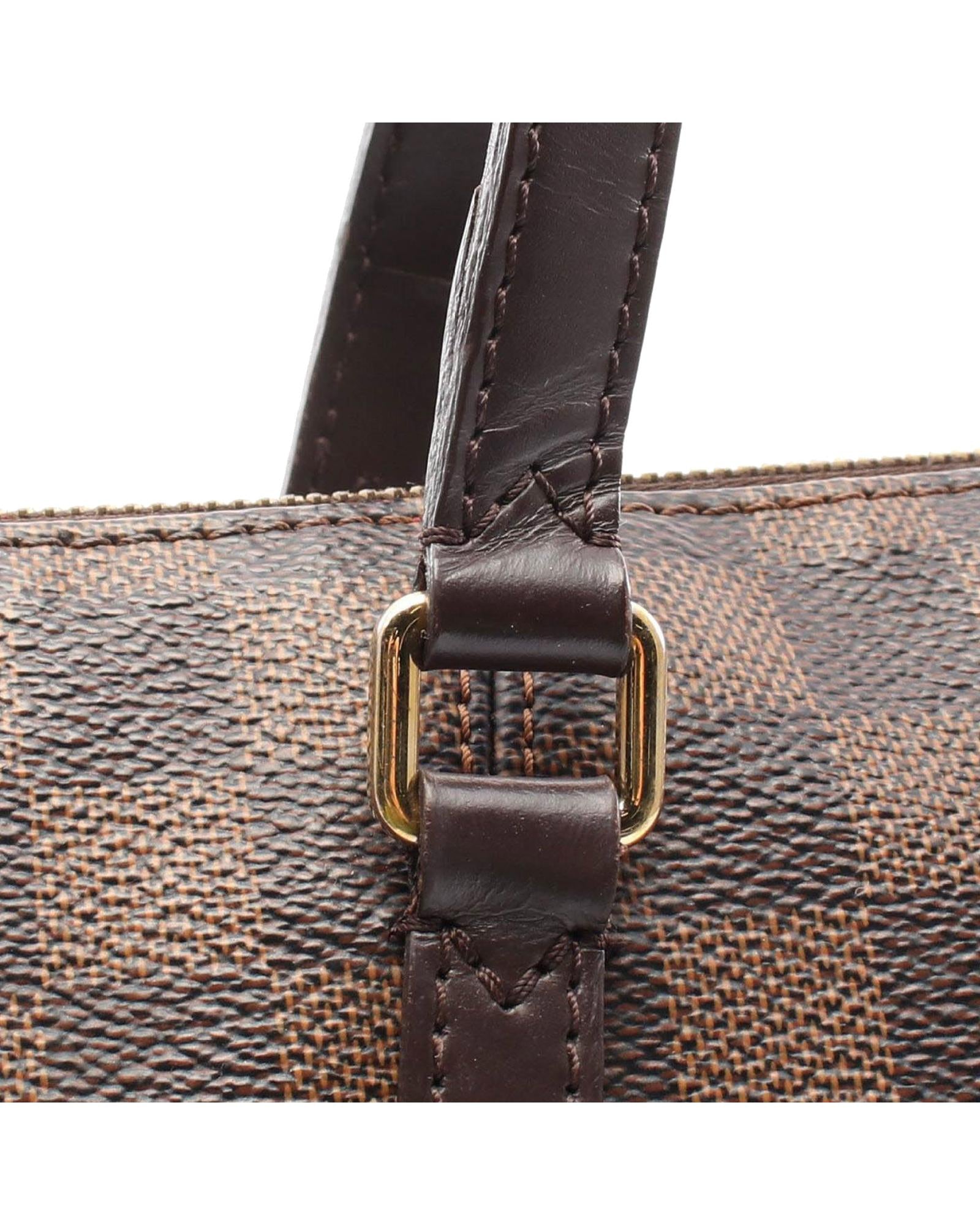 Damier Ebene Canvas Tote with Leather Trim and Multiple Pockets