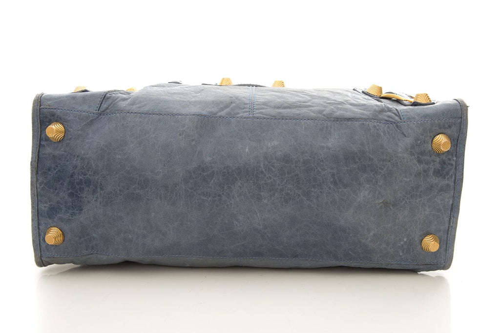 Balenciaga Blue Crinkled Leather & Gold Work Tote