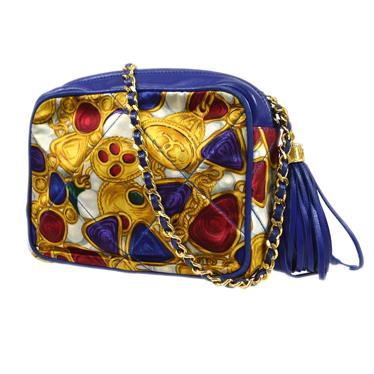 CHANEL 1986-1989 Blue Lambskin Satin Quilted Bijoux Printed Camera Bag