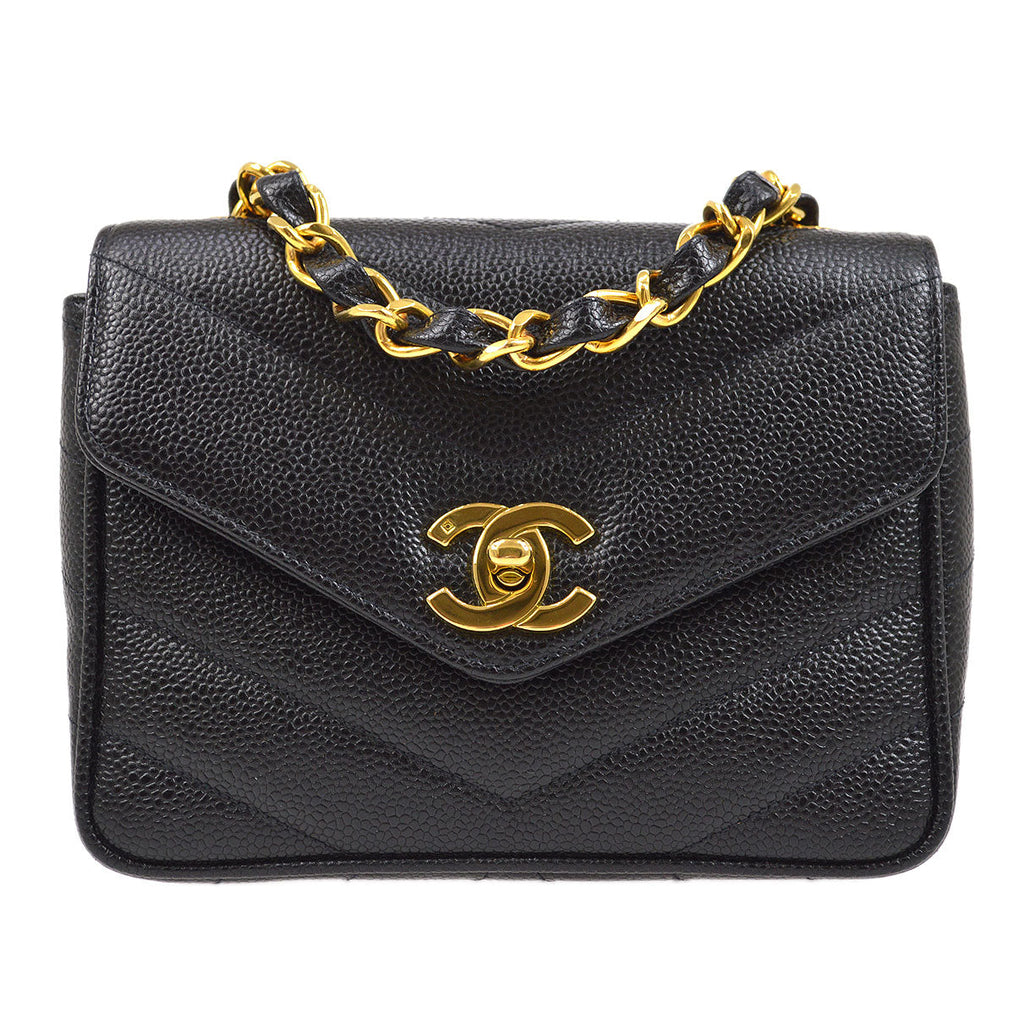 CHANEL 1994-1996 Chevron Letter Flap Mini Black Caviar 63355