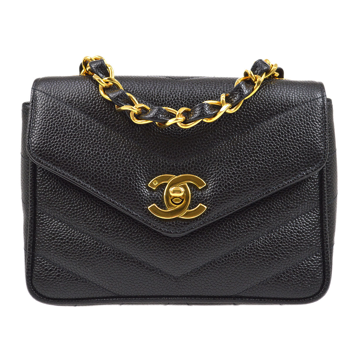 CHANEL 1994-1996 Chevron Letter Flap Mini Black Caviar 63355