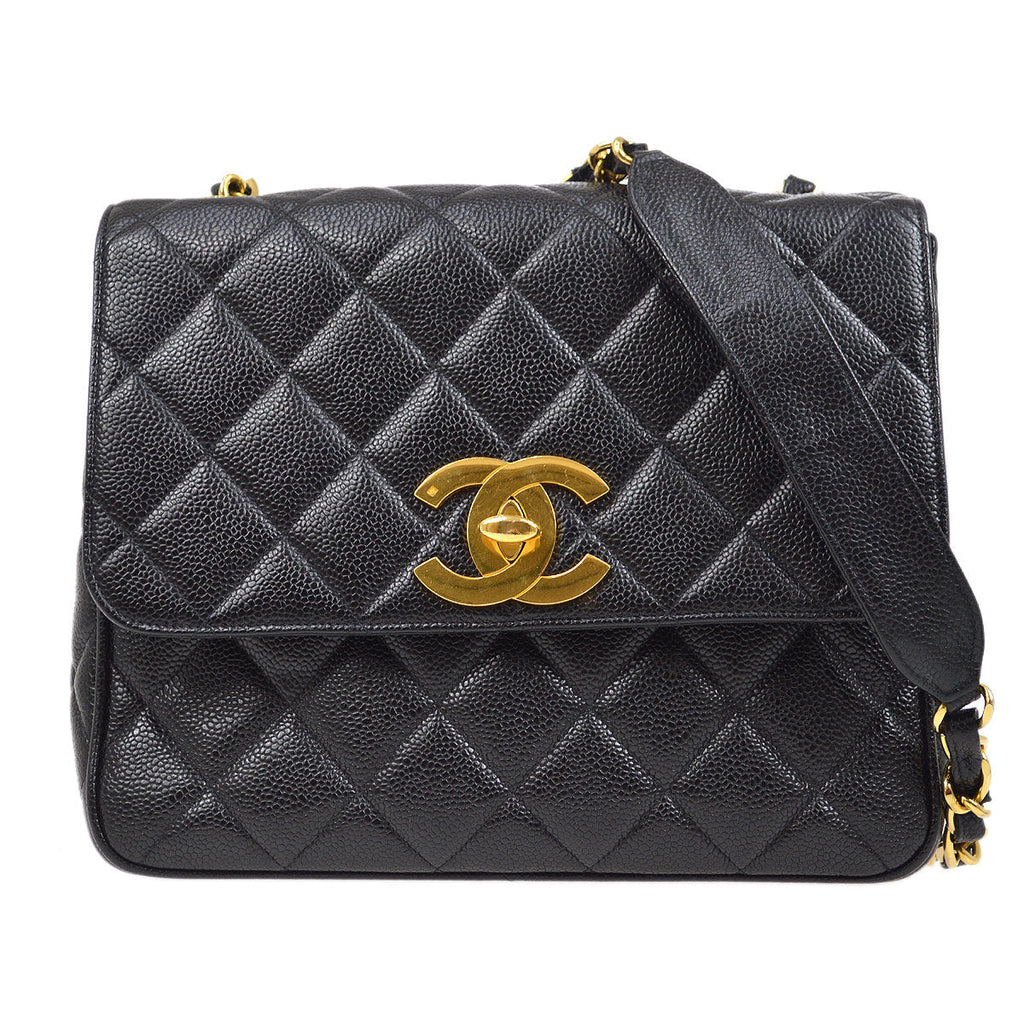 CHANEL 1994-1996 Big CC Straight Flap Bag Medium Black Caviar 84105