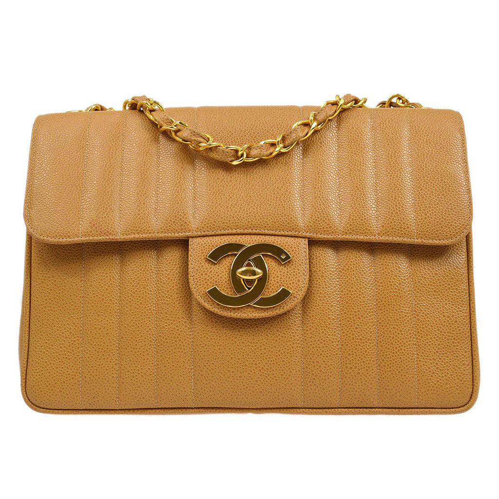 CHANEL 1994-1996 Vertical Classic Flap Jumbo Beige Caviar 53759