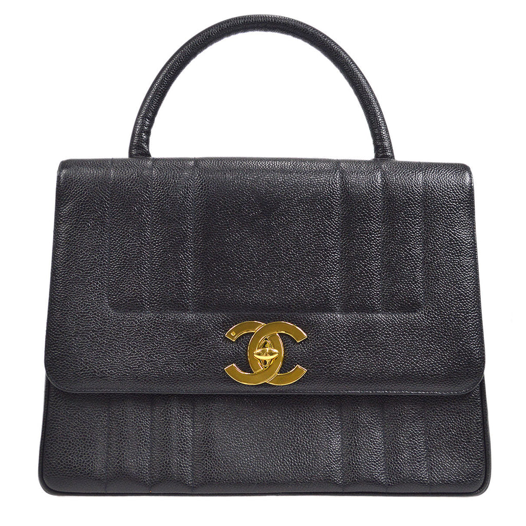 CHANEL 1994-1996 Border Vertical Flap Handbag Black Caviar 47770