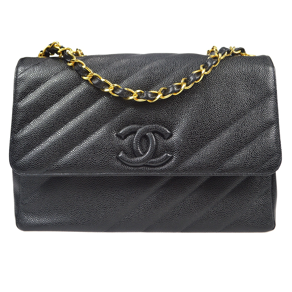 CHANEL 1994-1996 Diagonal Stitch Straight Flap Jumbo Black Caviar 88112