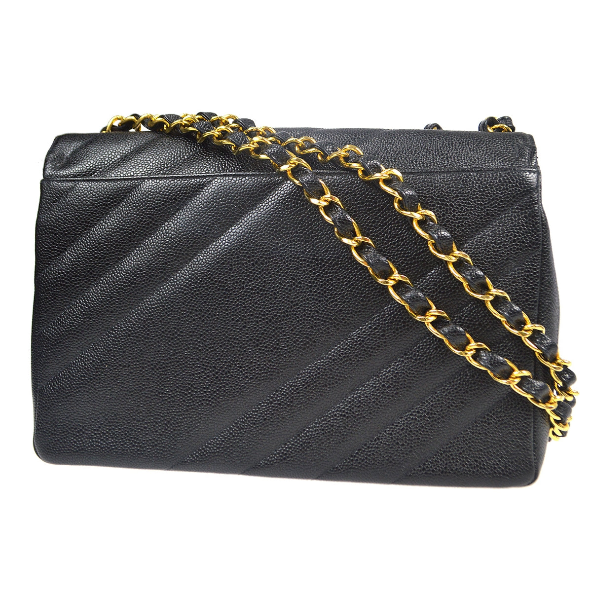 CHANEL 1994-1996 Diagonal Stitch Straight Flap Jumbo Black Caviar 88112