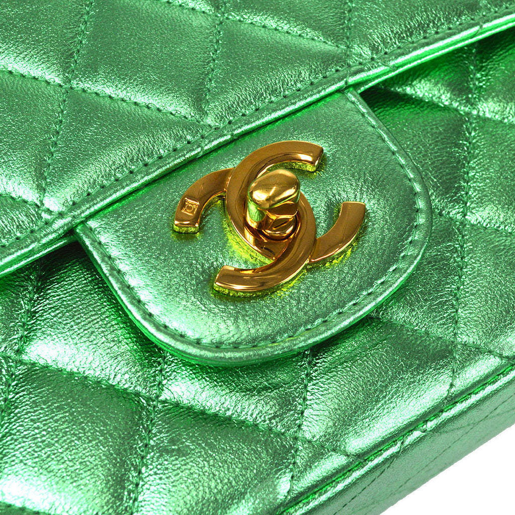 CHANEL 1994 Classic Flap Handbag Medium Metallic Green Lambskin 66857
