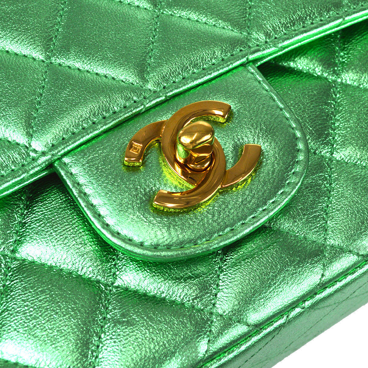 CHANEL 1994 Classic Flap Handbag Medium Metallic Green Lambskin 66857