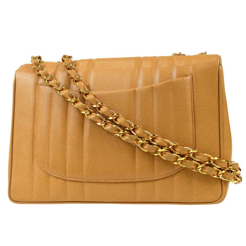 CHANEL 1991-1994 Big CC Vertical Stitch Classic Flap Jumbo Beige Caviar 87063