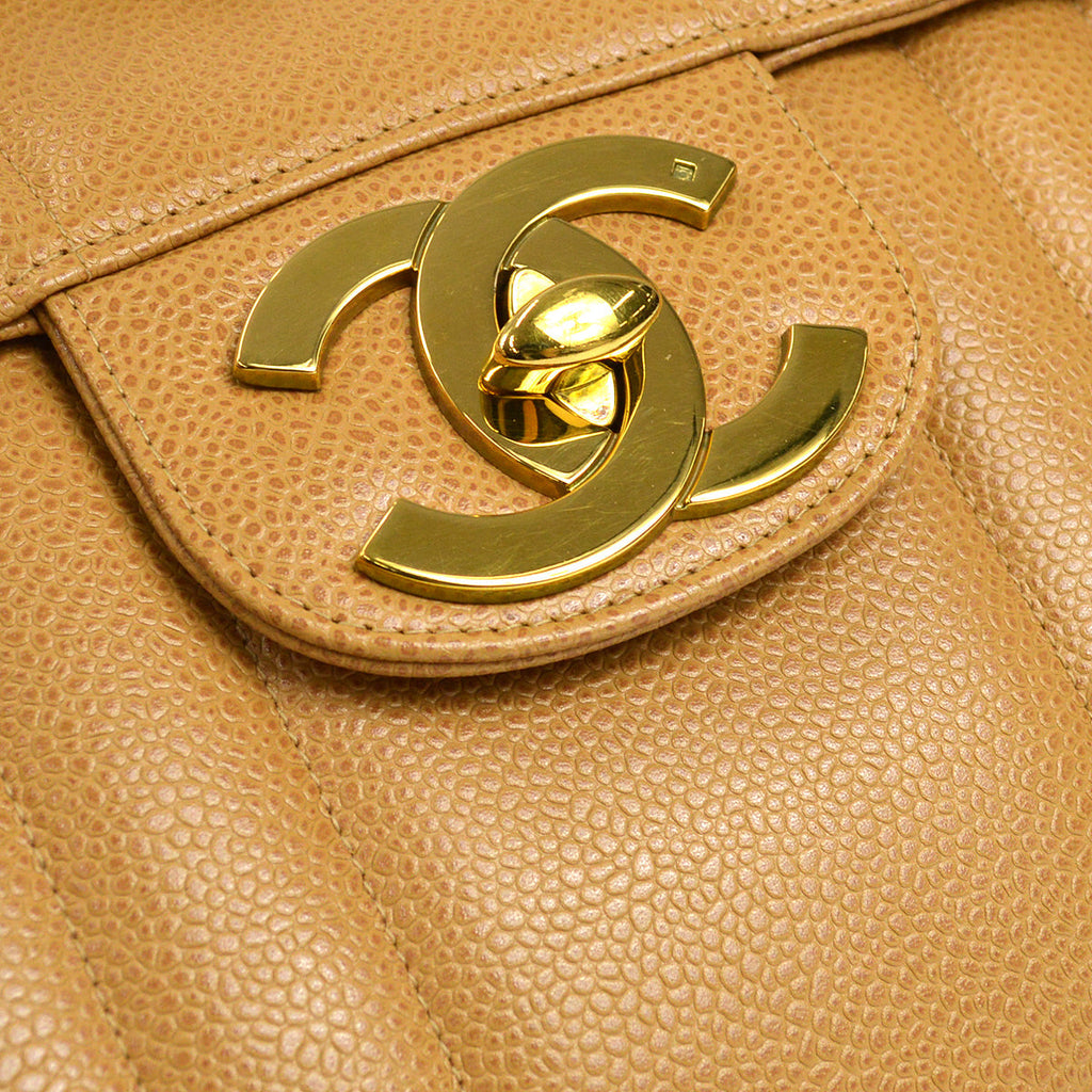 CHANEL 1991-1994 Big CC Vertical Stitch Classic Flap Jumbo Beige Caviar 87063