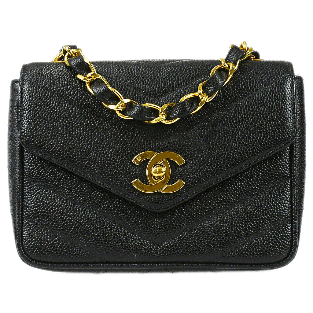 CHANEL 1994-1996 Chevron Letter Flap Mini Black Caviar 67698