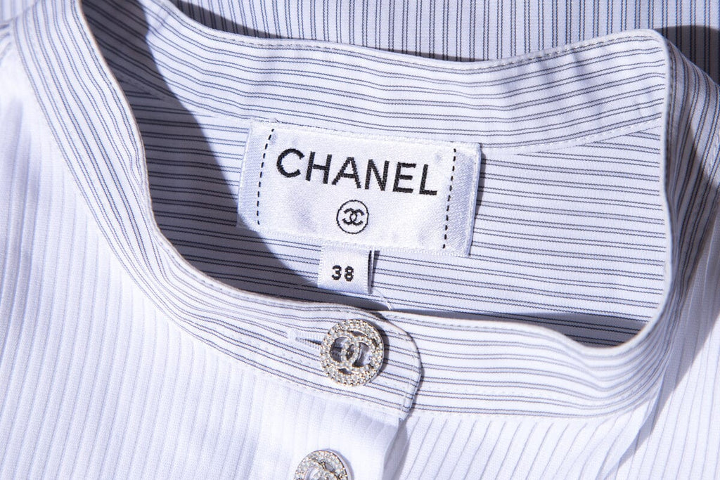 Chanel Gray & White Pinstripe Bib Blouse SZ 38