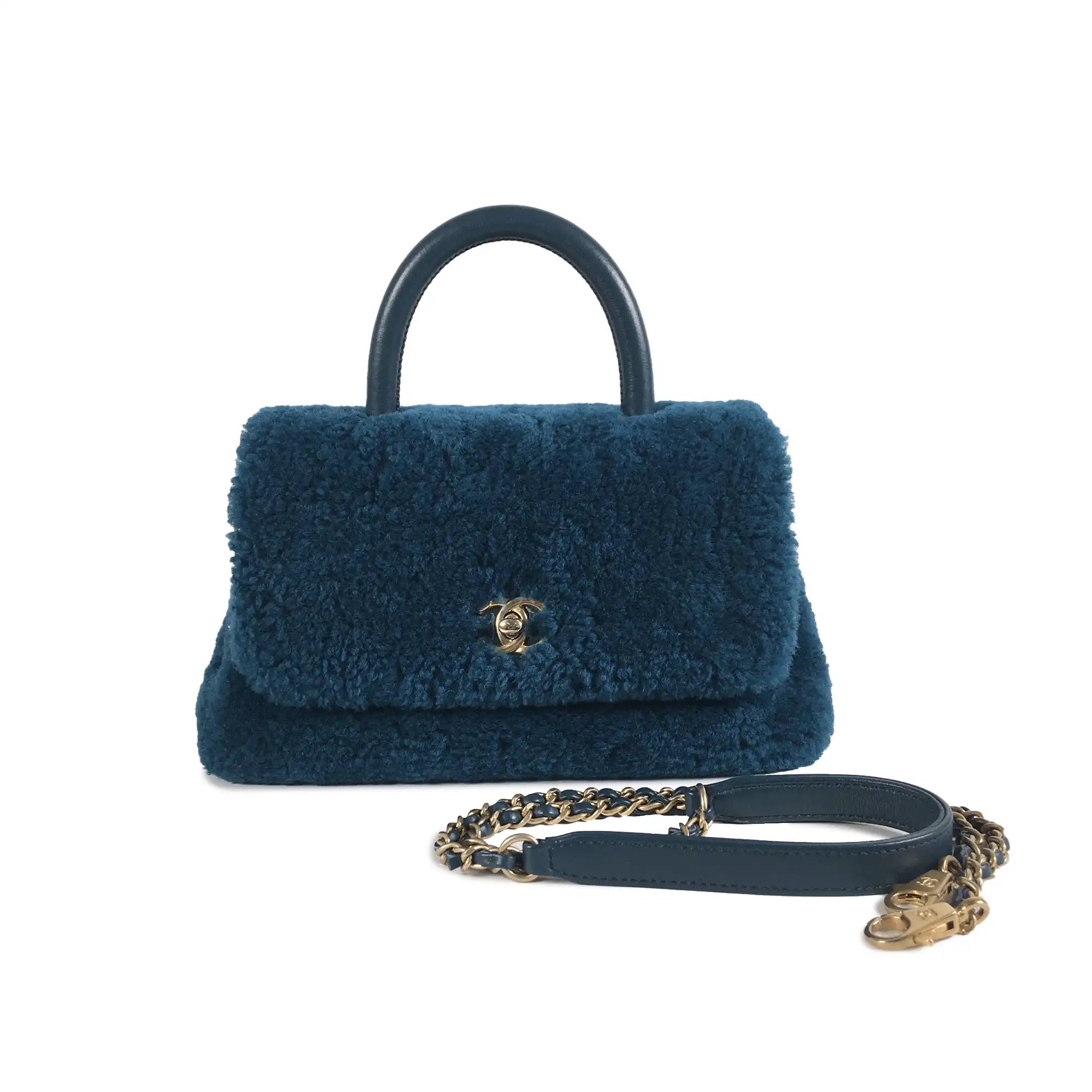 Chanel Coco Top Handle Small Blue Shearling Gold