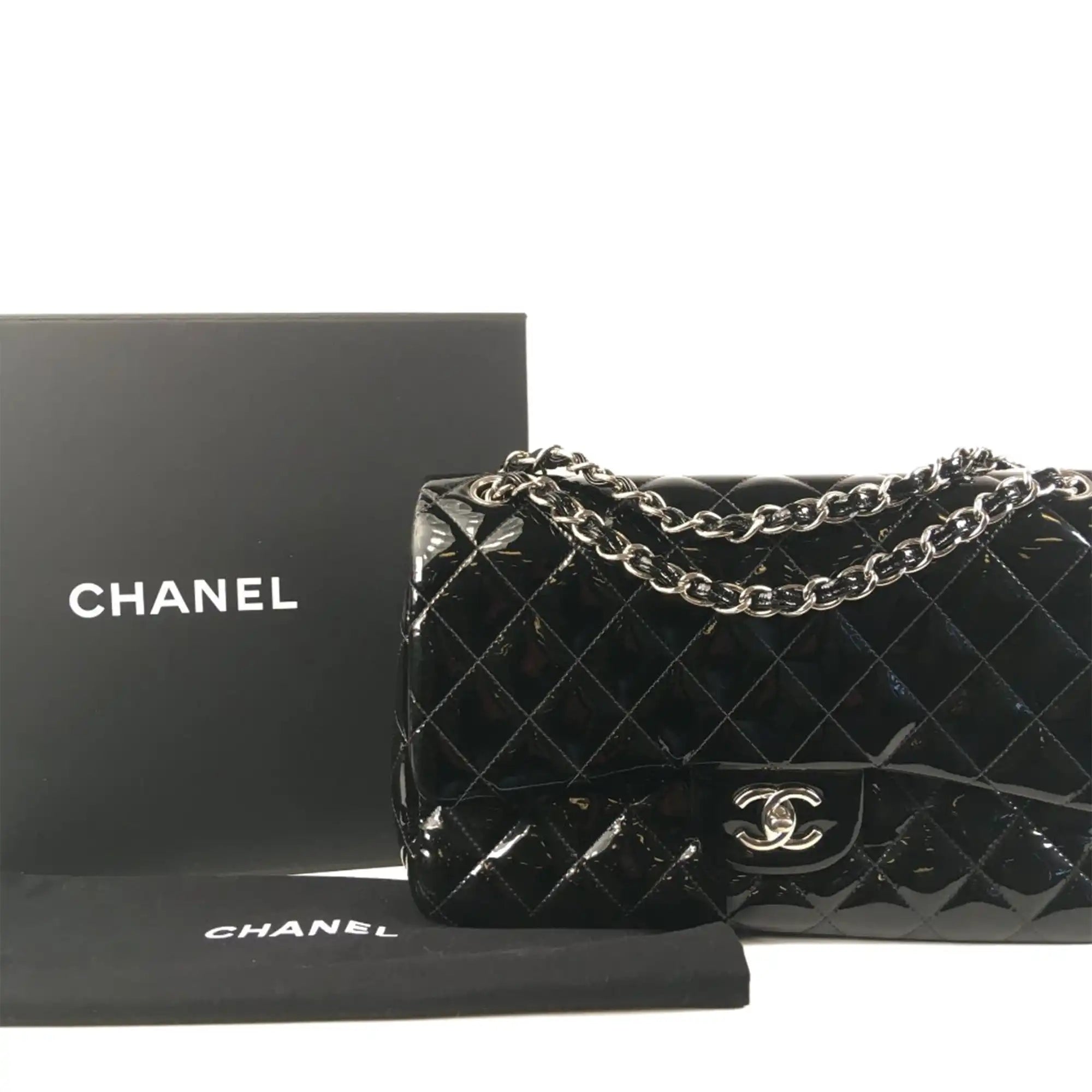 Chanel Classic Double Flap Jumbo Black Patent Leather Silver