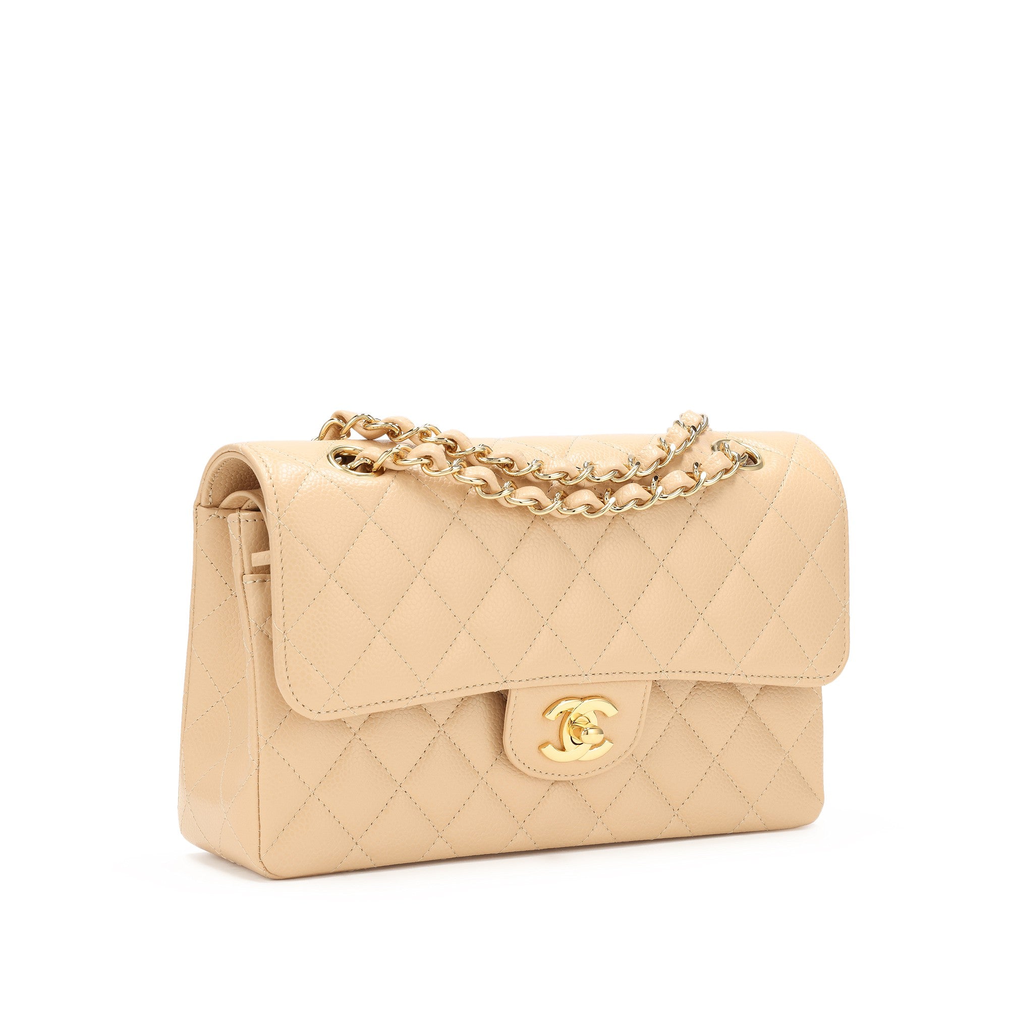 Chanel Beige Clair Quilted Caviar Small Classic Double Flap Gold Hardware, 2021