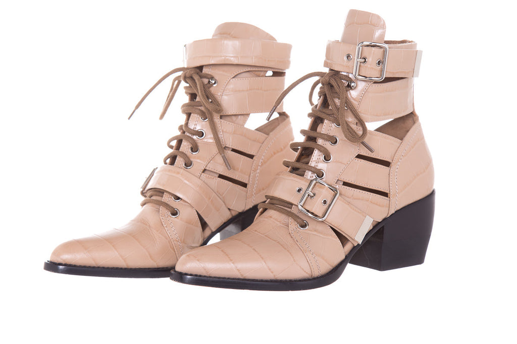 Chloe Tan Rylee Alligator Lace Up  Boots SZ 39