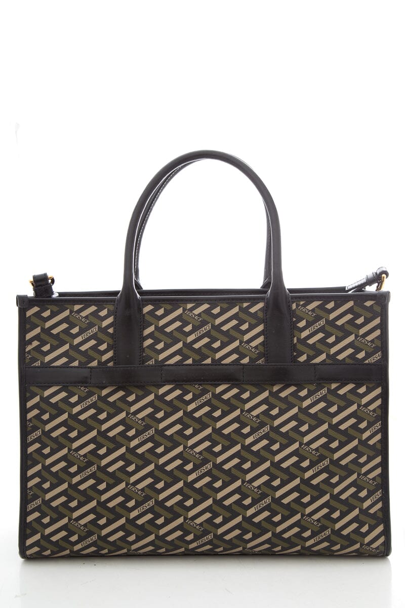 Versace Green Top Handle La Greca Print Tote