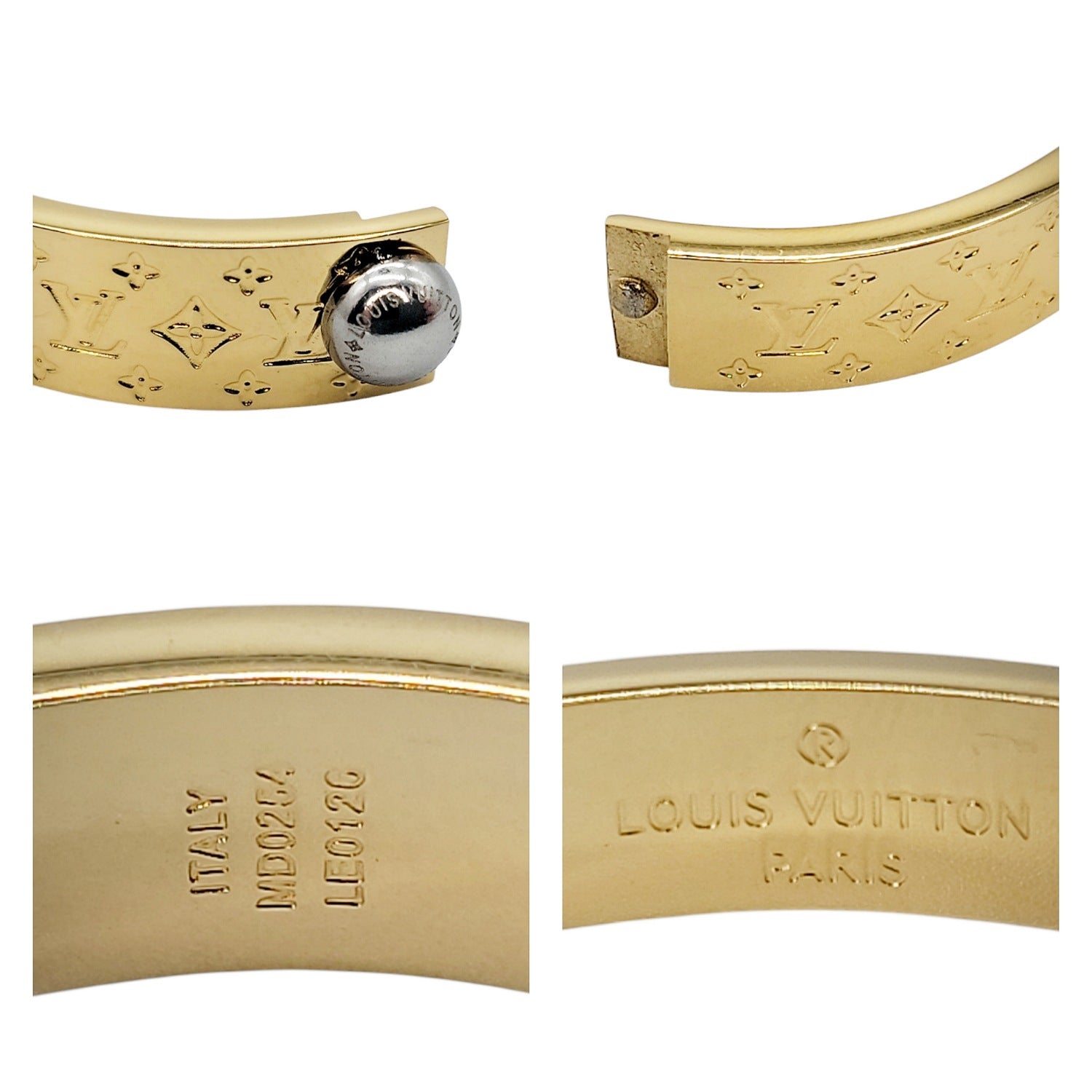Louis Vuitton Gold Nanogram Hinged Cuff Bracelet Sz 6.5
