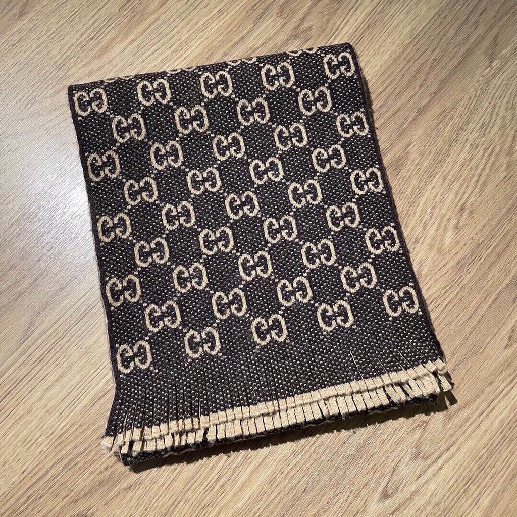 CLTH313 GG Jacquard Knit Scarf with Tassels / 13.4"W X 76.4"L