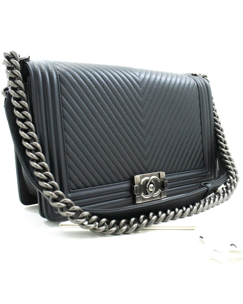 Chanel Grey Leather Designer Bag with Box and Dust Bag