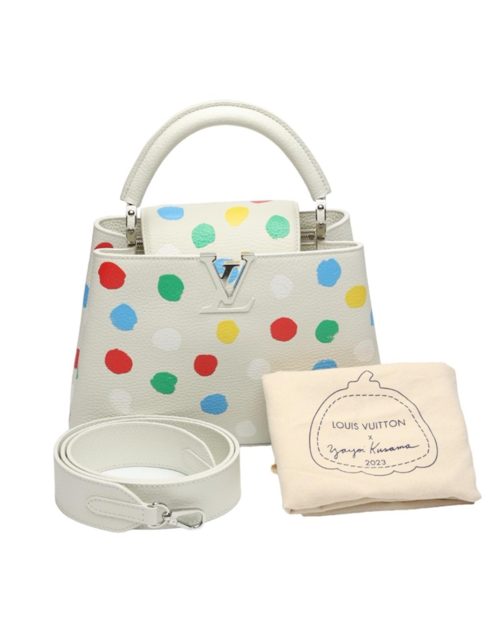 Luxurious White Leather Handbag with Yayoi Kusamas Signature Dot Pattern