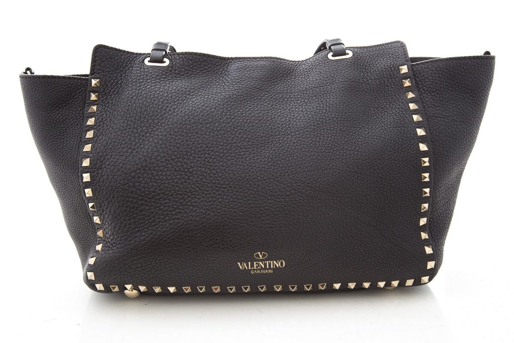 Valentino Black Leather Rockstud Tote Handbag
