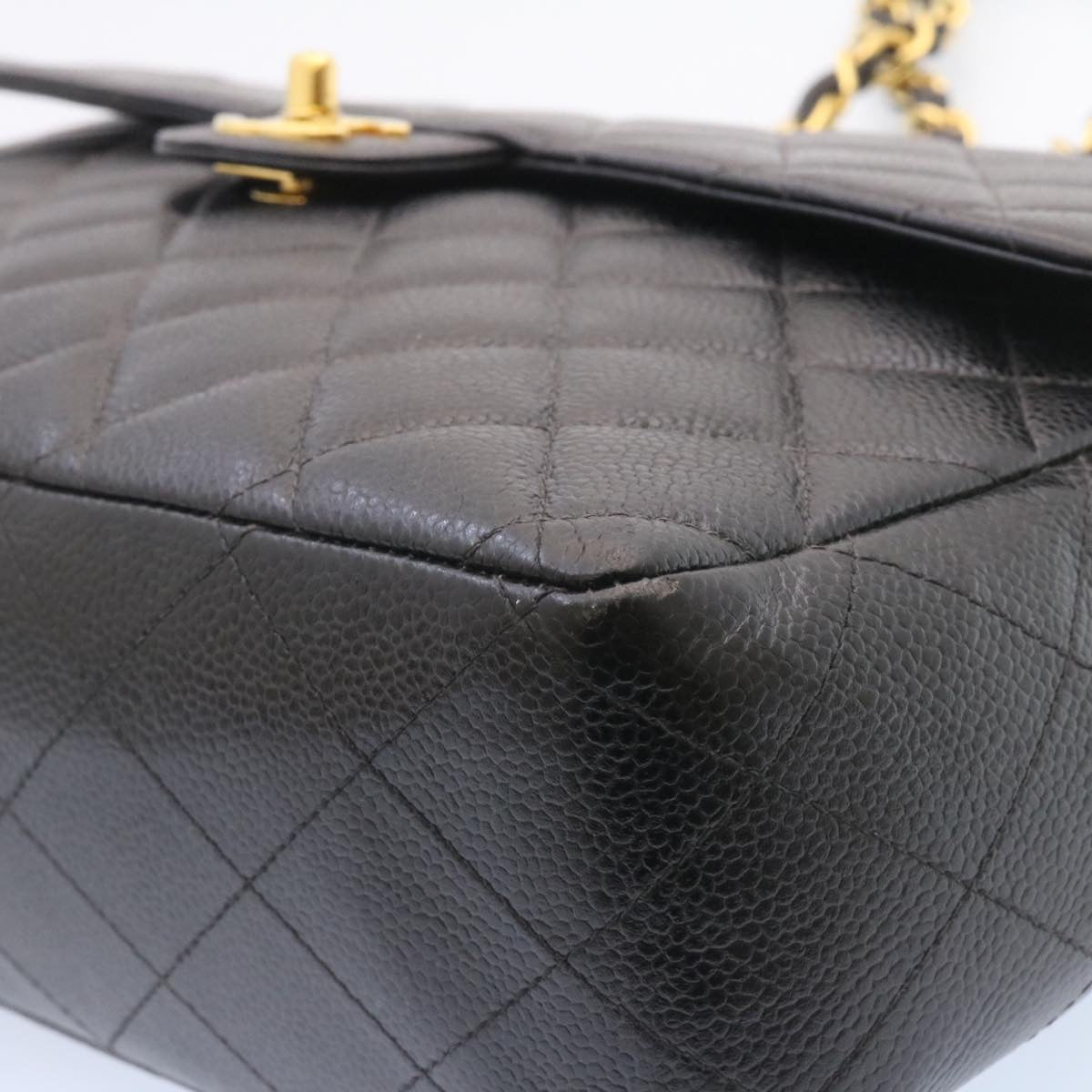 CHANEL Big Matelasse Flap Chain Shoulder Bag Caviar Skin Black Gold 25984A